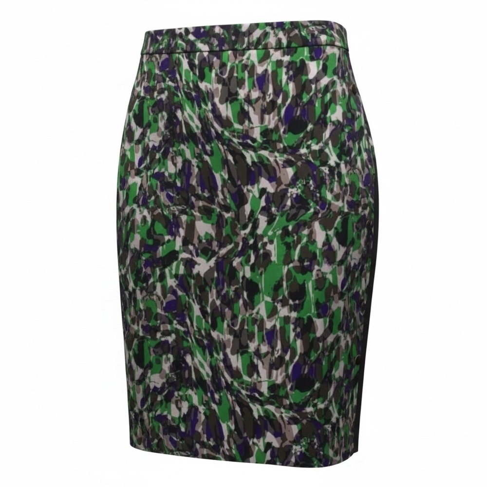 Club Monaco Size 2 Abstract Camo Green Purple Snap Trim Pencil Skirt Work